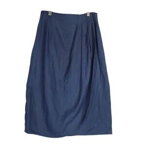 VTG Panasa New York 100% Linen Midi Skirt Sz 4 Navy Blue Faux Wrap Quiet Luxury